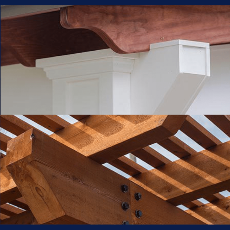 Comparison photo of a traditional vs an artisan pergola joist.