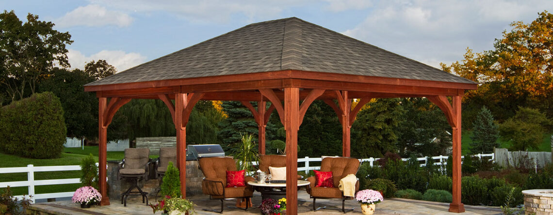 16 x 20 Traditional wood pavilion on a stone brick patio.