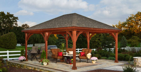 16 x 20 Traditional wood pavilion on a stone brick patio.
