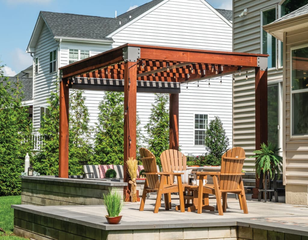Photo of a 10' x 10' Vista Pergola, Product, Genuine Cedar, Canyon Brown Finish, EZ Shade Canopy, Enhanced Posts
