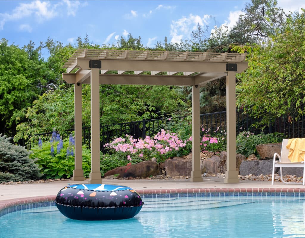 a pool with a float and a pergola