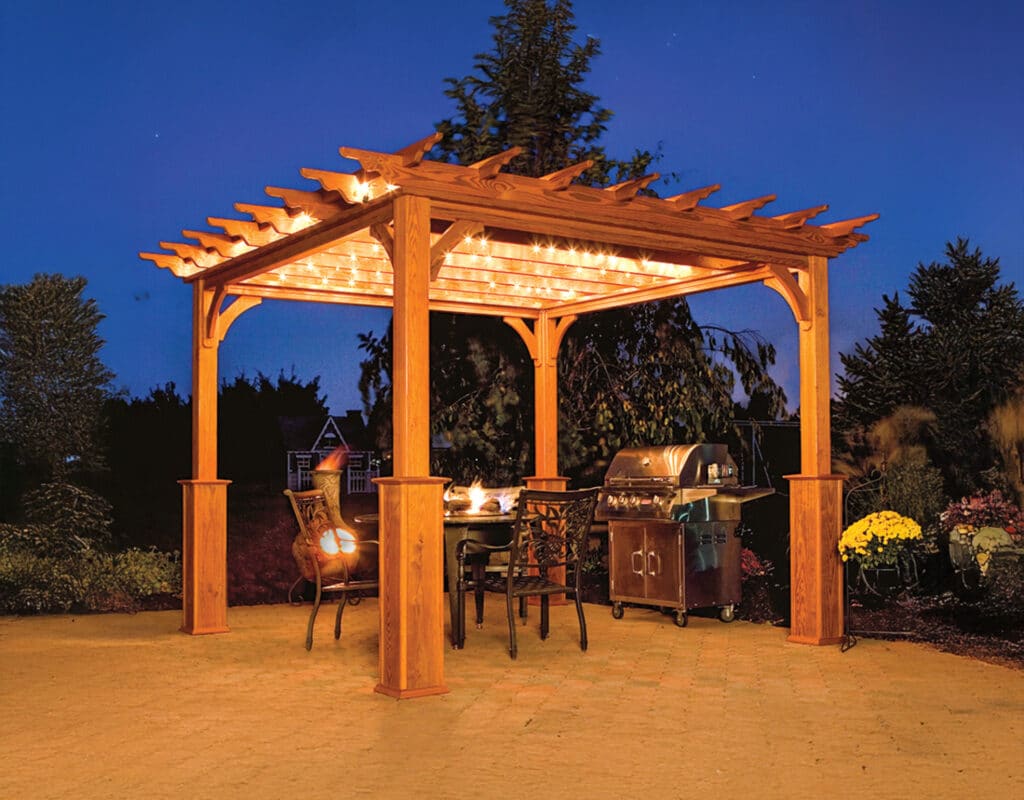 a wooden pergola with lights