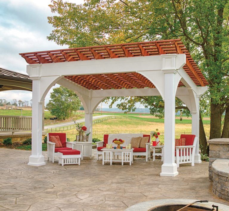 10x14 Vinyl Santa Fe Main photo(no caption)_ a white and red covered patio with a table and chairs and pergola
