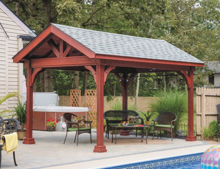 10'x14' Wood A-Frame(MAIN)_rgb.jpg a covered patio with a hot tub and a table and a large wood pavilion