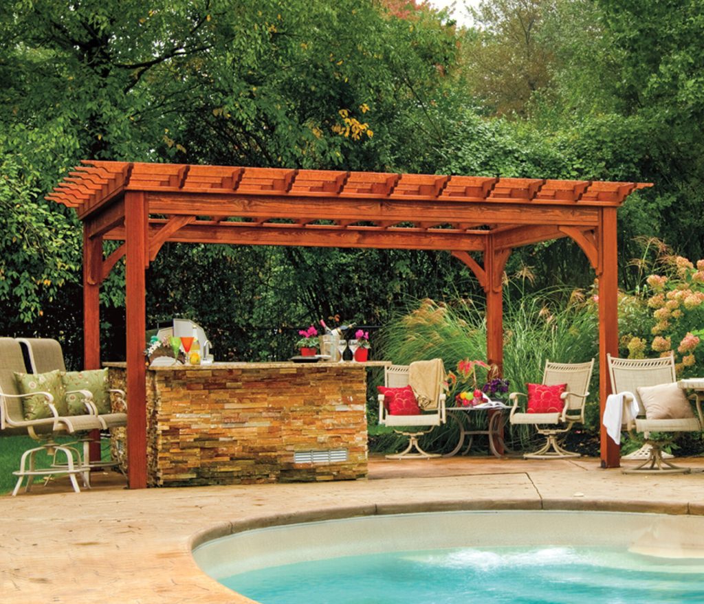 a pool with a bar and chairs with a wood pergola