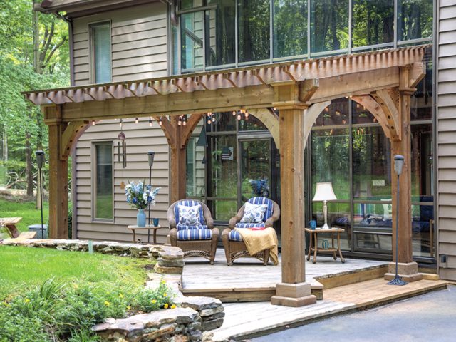 Photo of a 10' x 16' Santa Fe Pergola | Genuine Cedar, Mushroom Finish, Six Enhanced Posts