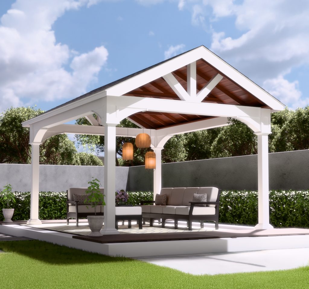 a white pavilion with a white roof and a white ceiling