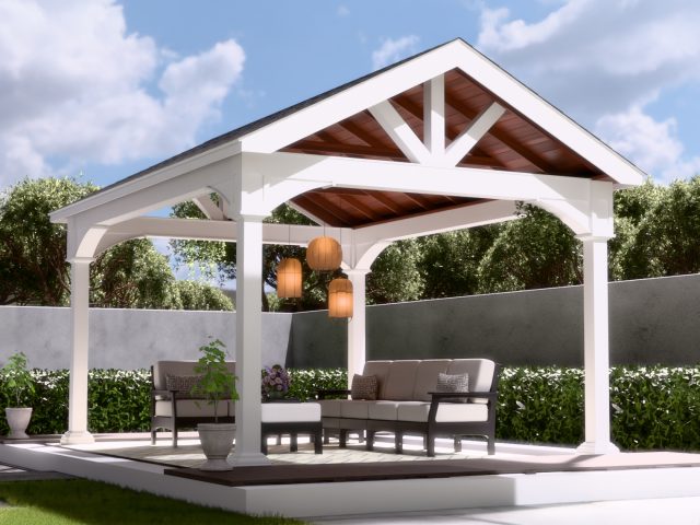 a white pavilion with a white roof and a white ceiling