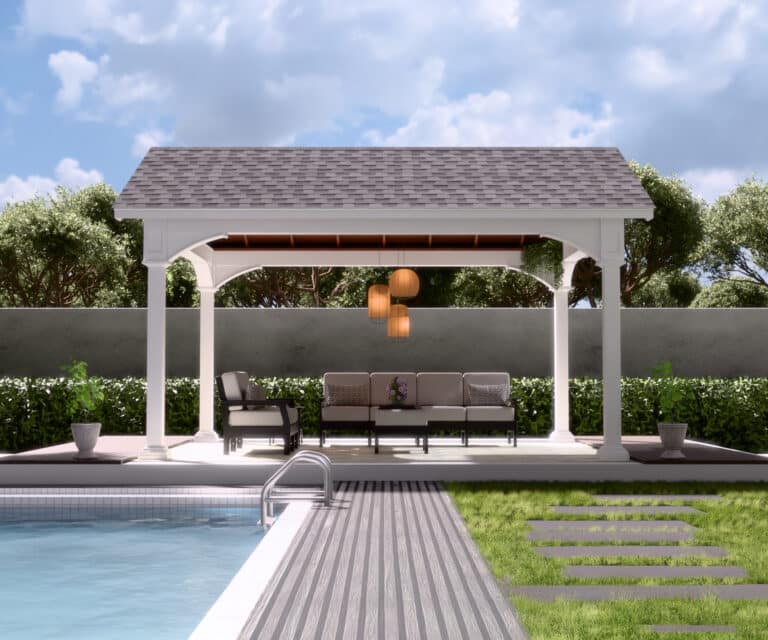 a pool with a pavilion and sitting space