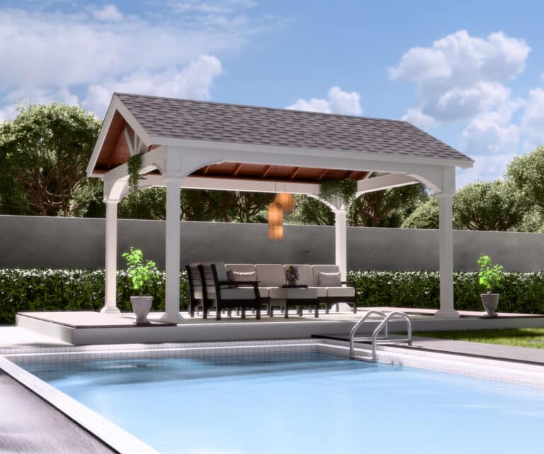 a pool with a pavilion and chairs