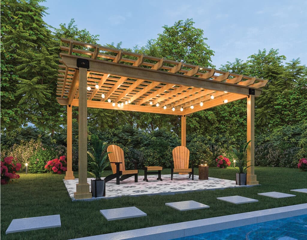 a wooden pergola with lights on it