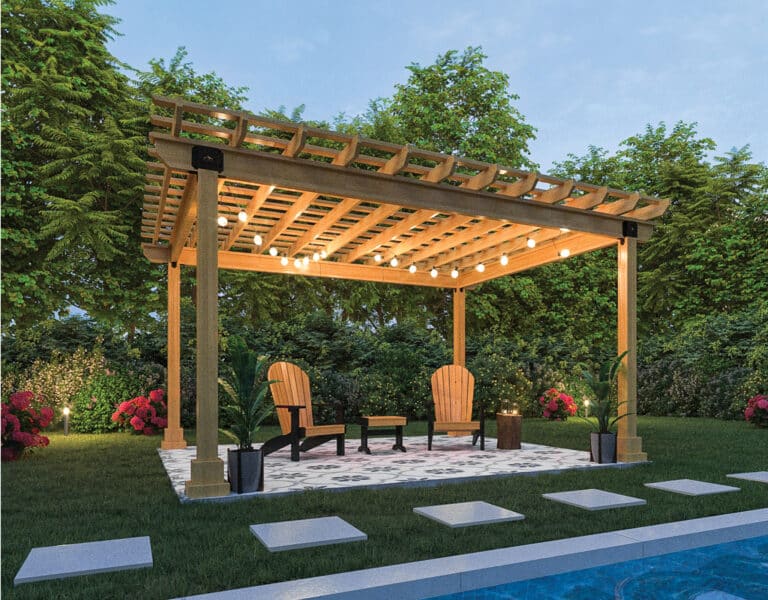 a wooden pergola with lights on it