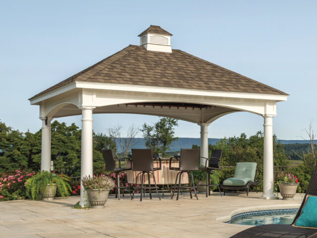 12' x 16' Hampton Pavilion | All Weather White Vinyl, Canyon Brown Ceiling Finish, Classic Asphalt, Cupola, Deluxe Tapered Columns