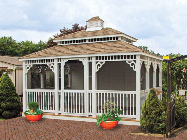 12' x 16' Rectangle Gazebo | All Weather White Vinyl, Mahogany Ceiling Finish, Colonial Style, Victorian Braces, Pagoda With Cupola, Classic Asphalt, Standard Composite Decking, Screen Package