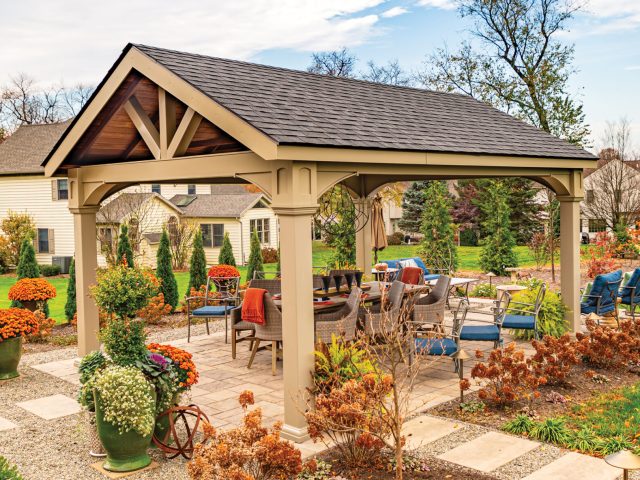 14x16 A-Frame Vinyl Pavilion with Shingle Roof & Mahogany Ceiling