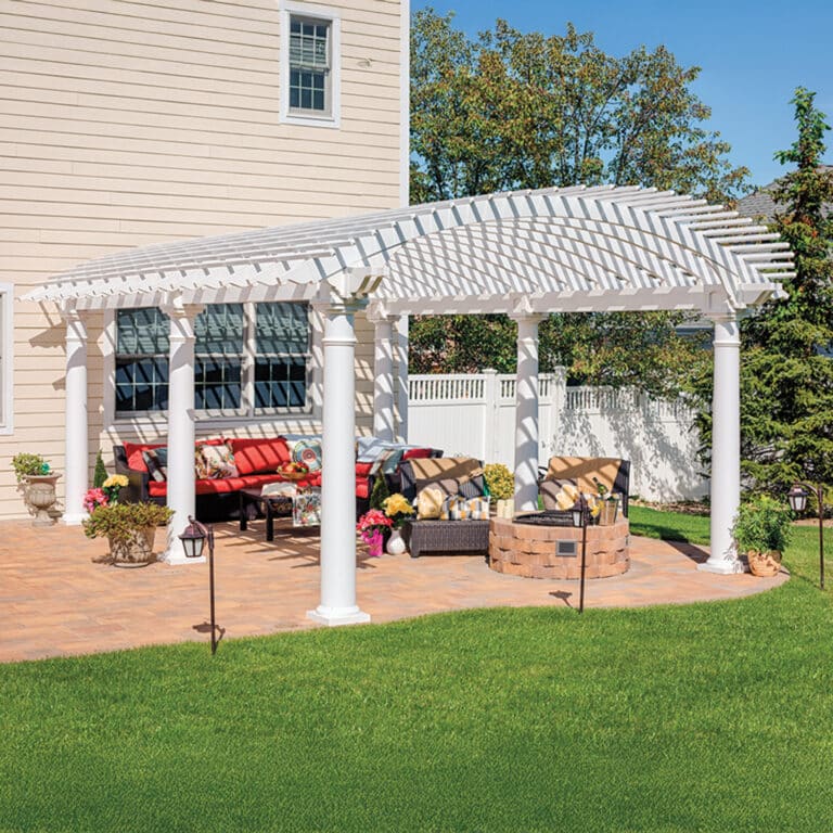 14'x20' Arcadian(D)_ a patio with a pergola and a fire pit