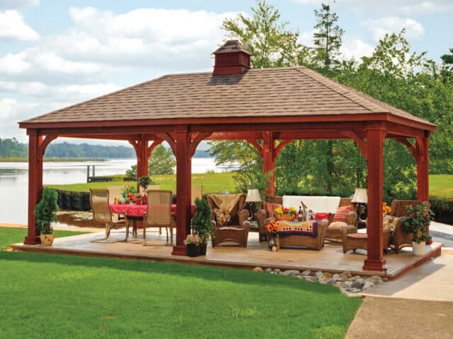 14' x 24' Traditional Pavilion | Classic Wood, Canyon Brown Finish, Classic Asphalt, Cupola, Six Enhanced Posts