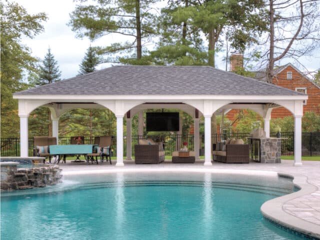 20' x 32' Traditional Vinyl Pavilion | All Weather White Vinyl, Mahogany Ceiling Finish, Classic Asphalt, Eight Enhanced Posts