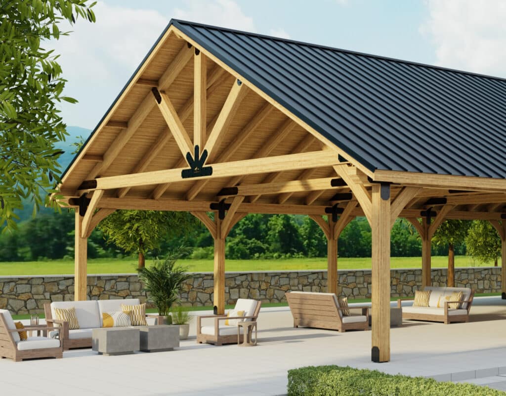 a wooden structure with a roof and chairs with a custom commercial pavilion