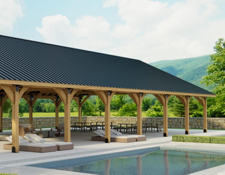 a pool with a covered patio and a covered area with a large pavilion