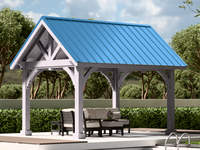Photo of a 10' x 14' Alpine Pavilion | Genuine Cedar, Sky Grey Finish, Premium Metal Roof, Enhanced Posts