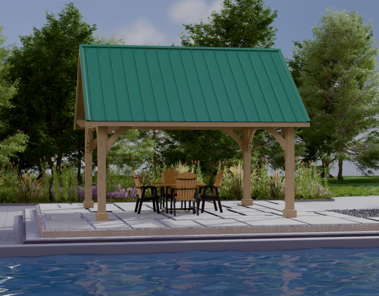 a gazebo with a table and chairs by a pool