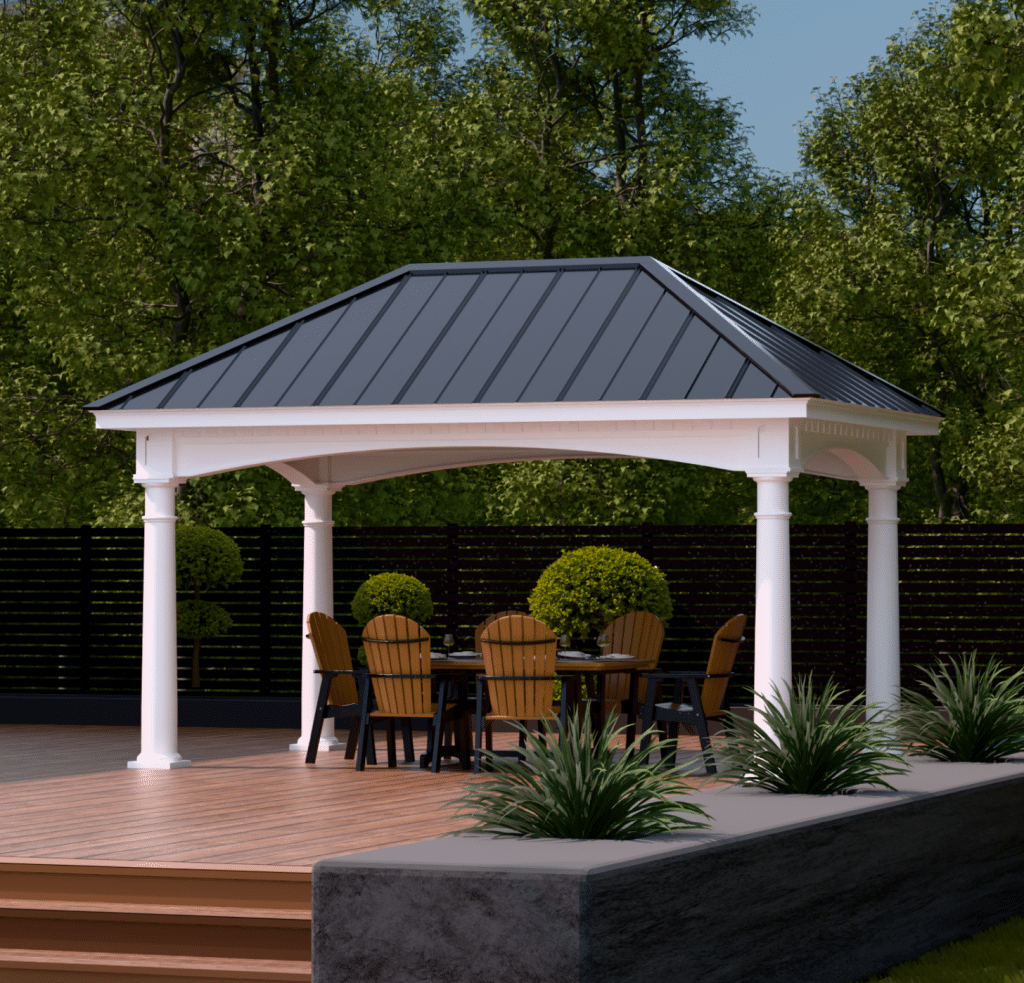 Photo of a beautiful 10' x 16' Hampton Pavilion, All Weather White Vinyl, Sepia Brown Ceiling Finish, Metal Roof, Deluxe Tapered Columns