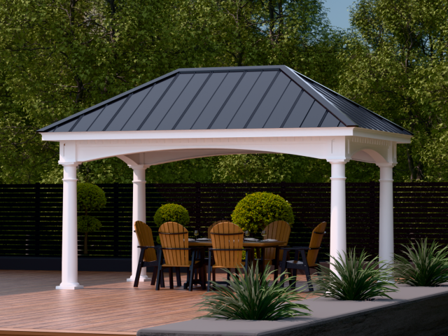 Photo of a beautiful 10' x 16' Hampton Pavilion, All Weather White Vinyl, Sepia Brown Ceiling Finish, Metal Roof, Deluxe Tapered Columns