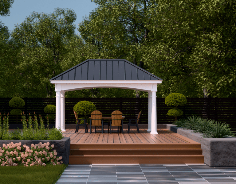 a gazebo on a patio with a table and chairs