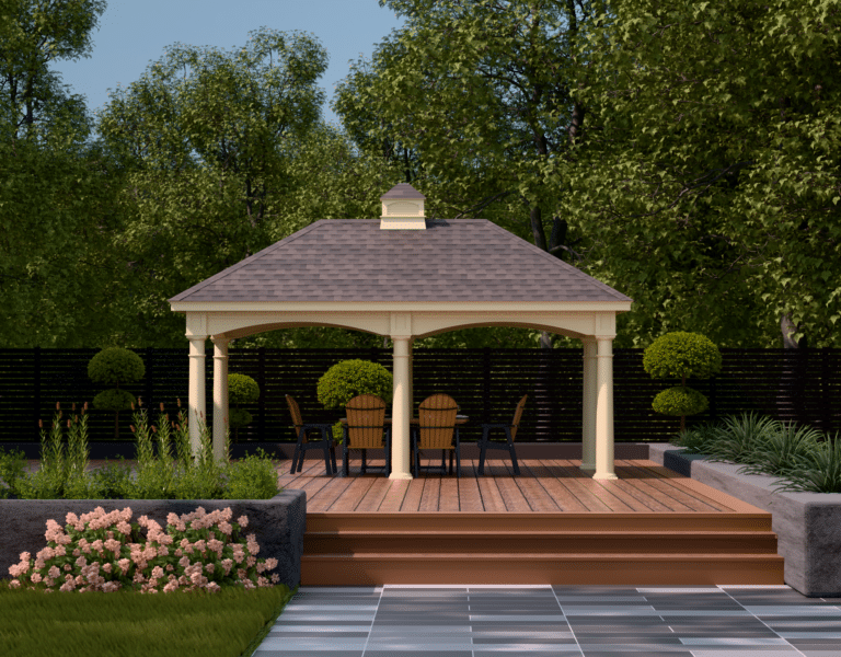 a gazebo with chairs and a table in front of trees