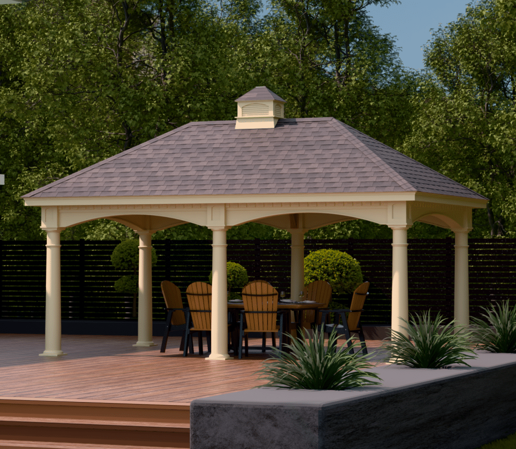 Photo of a larger 12' x 20' Hampton Pavilion, All Weather Almond Vinyl, Canyon Brown Ceiling Finish, Classic Asphalt, Cupola, Six Deluxe Tapered Columns