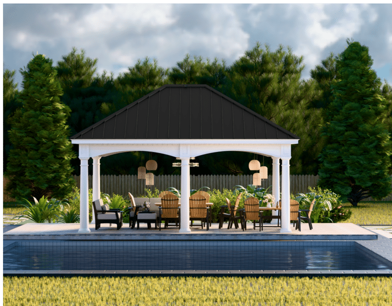 a gazebo with a pool and chairs