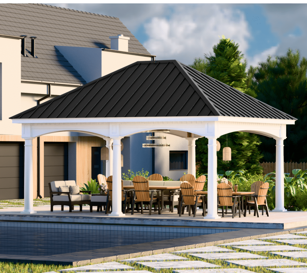 Photo of a Big 16' x 20' Hampton Pavilion | All Weather White Vinyl, Mahogany Ceiling Finish, Premium Metal Roof, Six Deluxe Tapered Columns