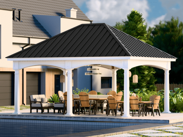 Photo of a Big 16' x 20' Hampton Pavilion | All Weather White Vinyl, Mahogany Ceiling Finish, Premium Metal Roof, Six Deluxe Tapered Columns