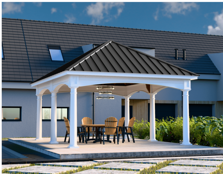 a patio with a table and chairs and gazebo