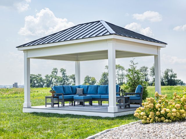 12' x 16' Bellavue Hip-Roof Azek Pavilion | Built with Next-Gen Materials, Sepia Brown Ceiling Finish, Metal Roof, Enhanced Posts