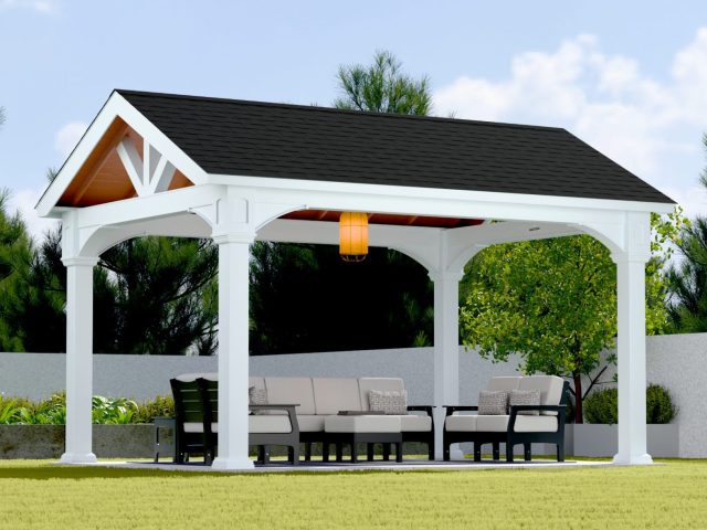 12' x 16' A-Frame Pavilion 8x8" Posts | All Weather White Vinyl, Mahogany Ceiling Finish, Classic Asphalt