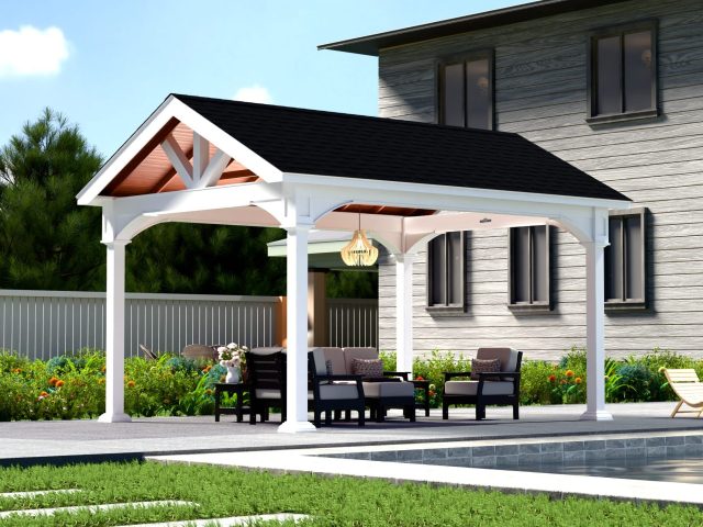 12' x 16' A-Frame Pavilion | All Weather White Vinyl, Mahogany Ceiling Finish, Classic Asphalt, 6" Higher Posts